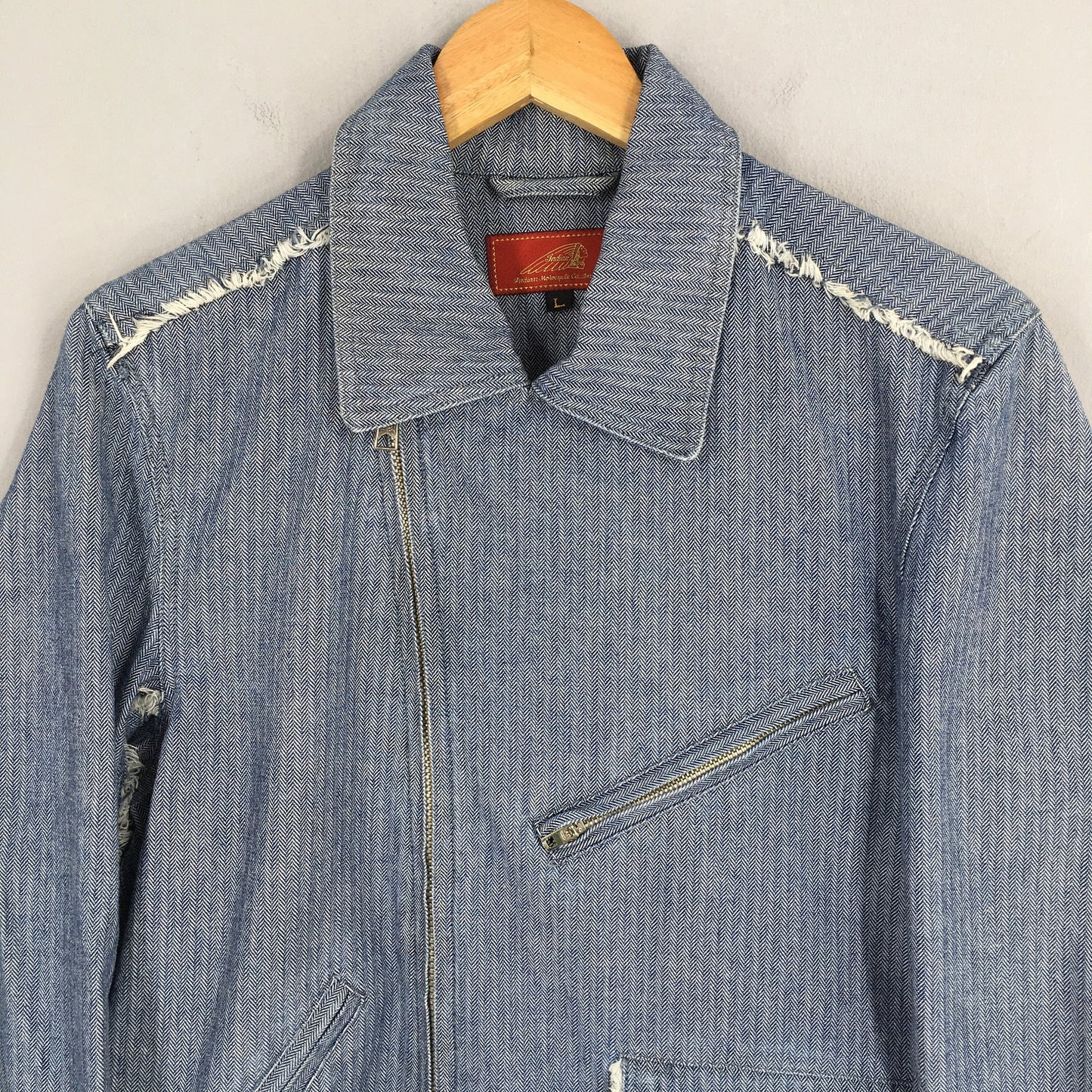 Motorcycle Herringbone Stripes Blue Denim Jacket Large