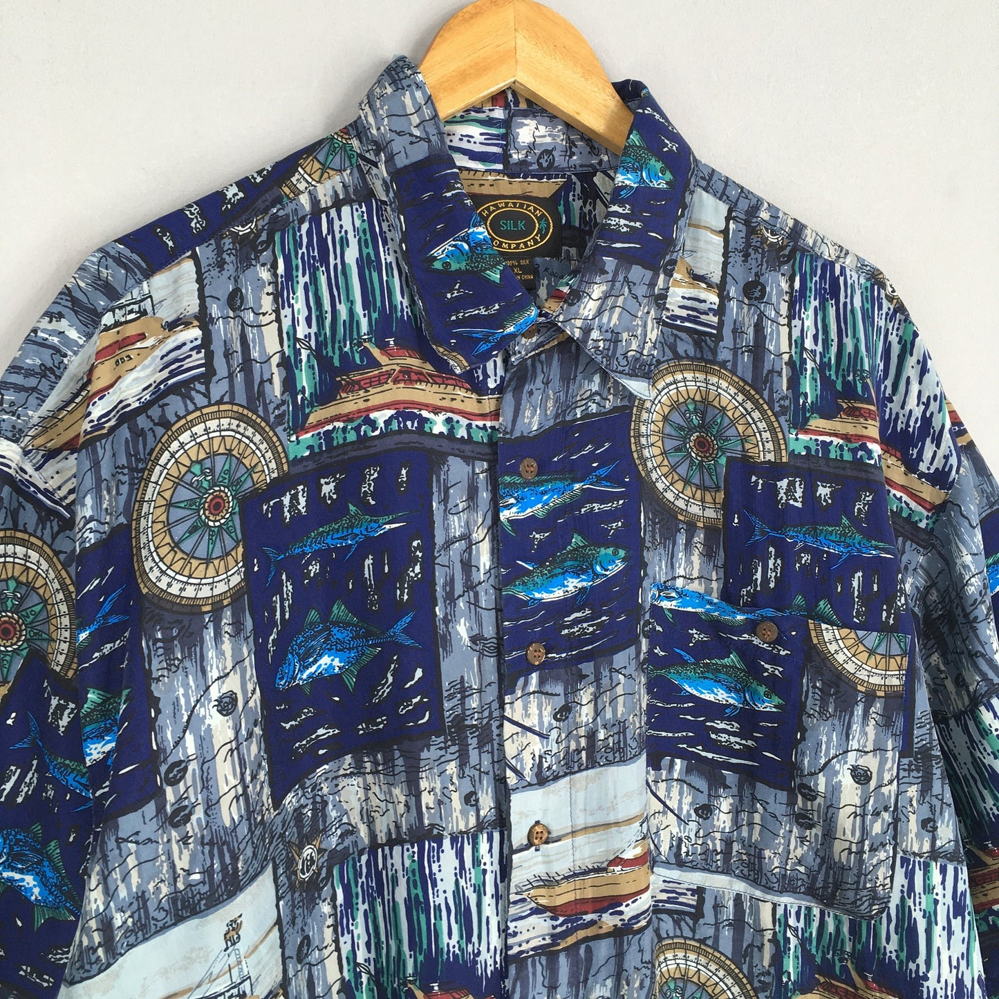 Vintage Fish Sailing Hawaiian Silk Shirt XLarge