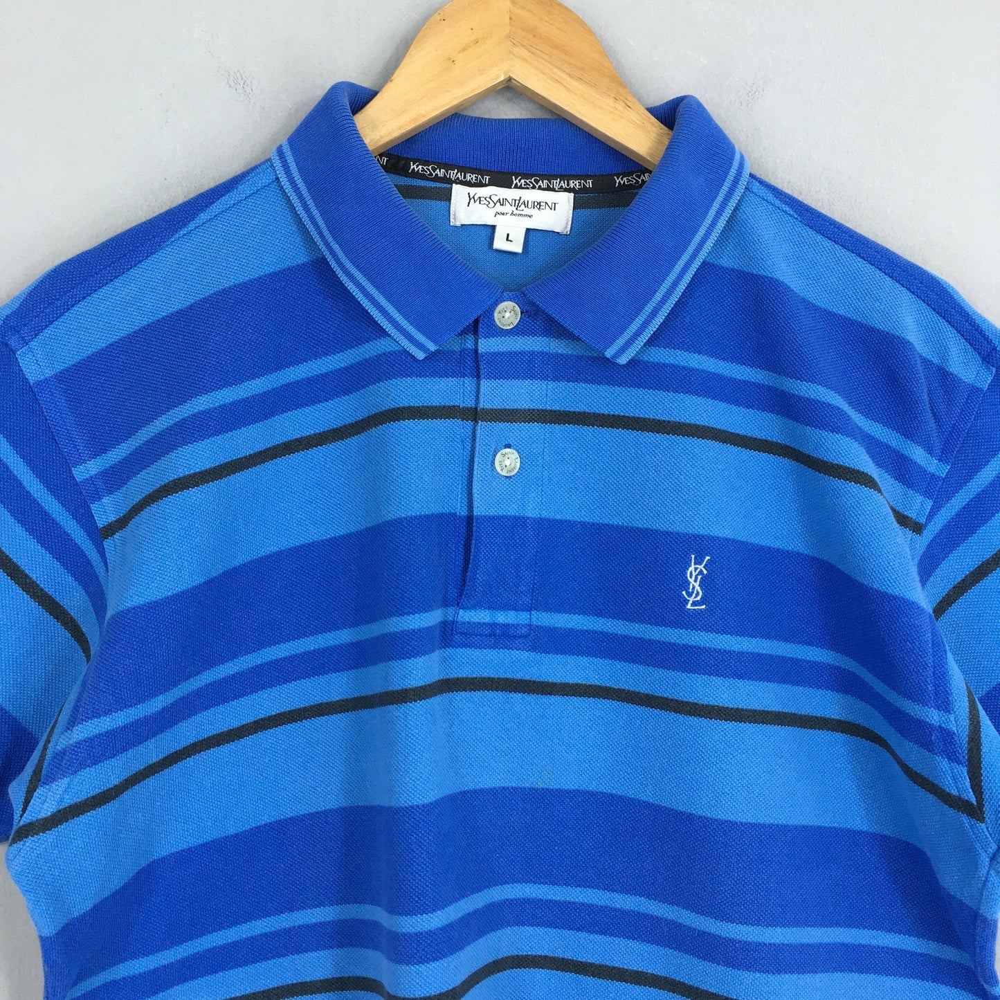 YSL Yves Saint Laurent Polo Stripes Blue Shirt Large