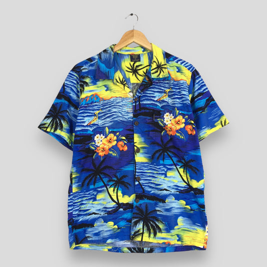 Hawaiian Surfing Palm Tree Aloha Cotton Shirt Small