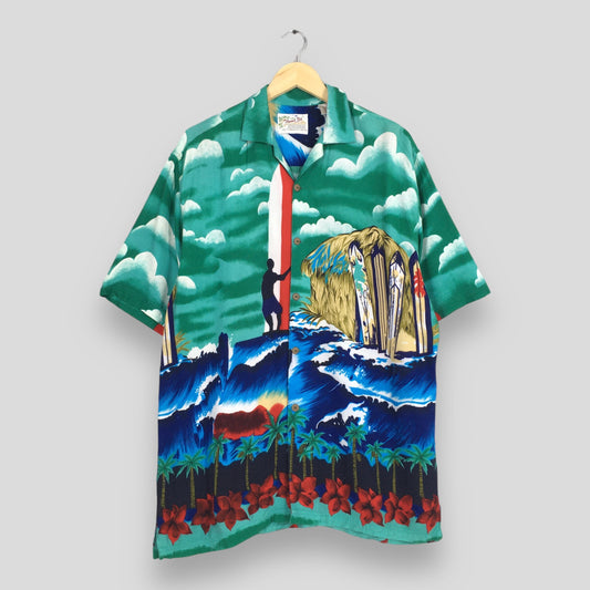 Hawaiian Surfing Beach Tropical Rayon Shirt Large