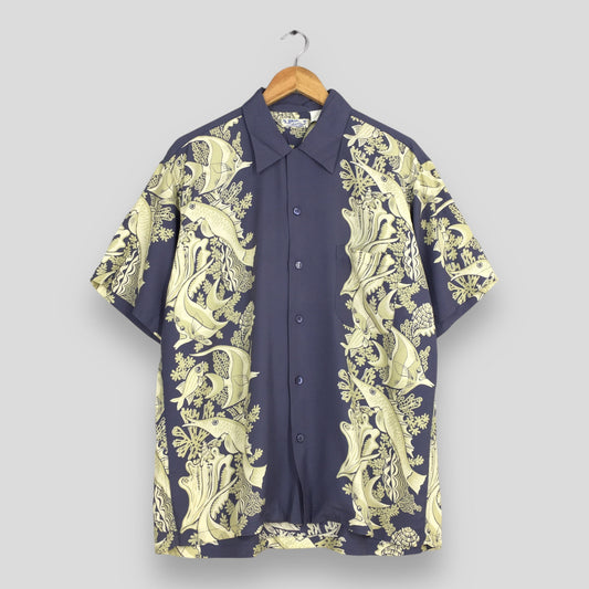 Hawaiian Japanese Sun Surf Sea Fish Rayon Shirt Large