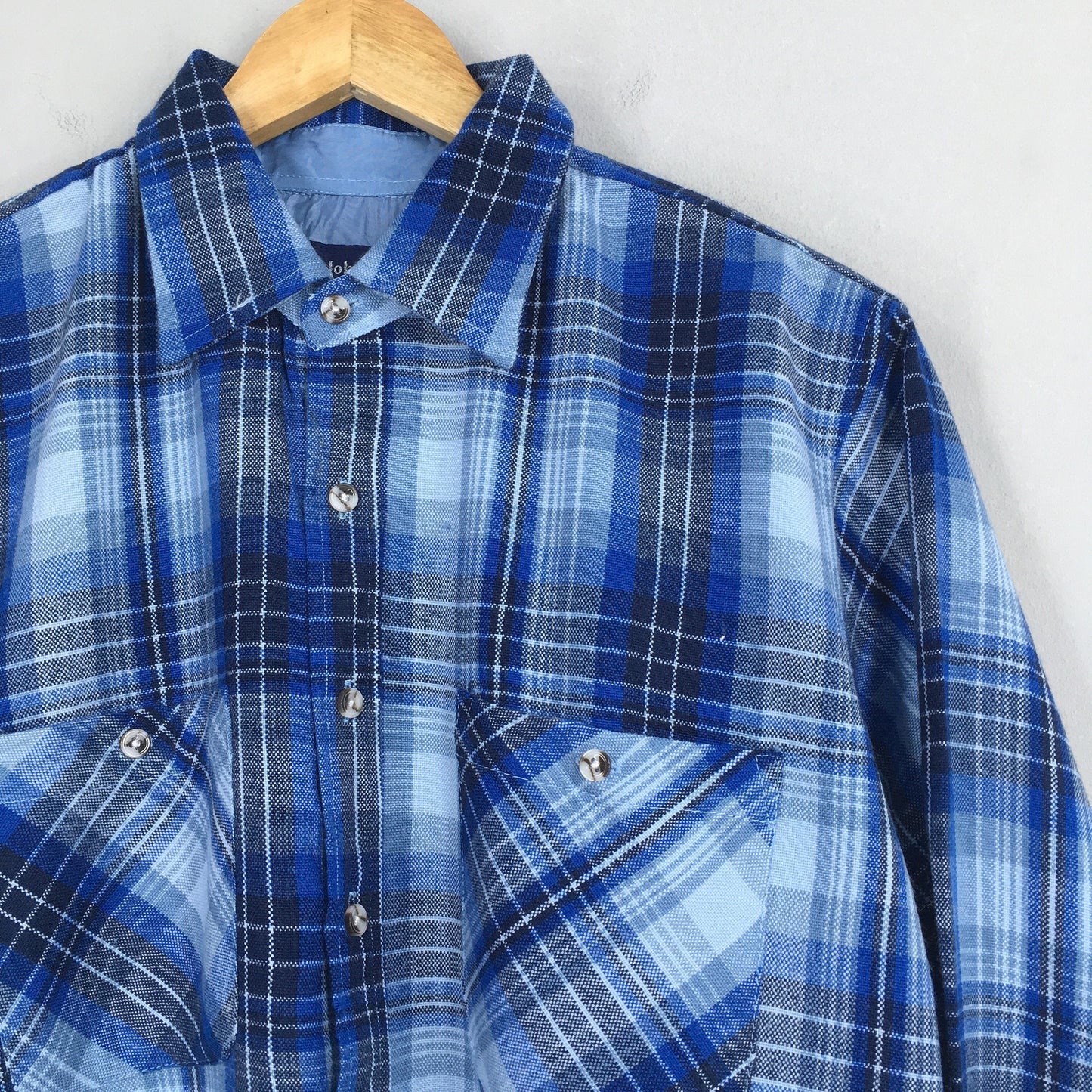 Plaid Shadow Checked Blue Flannel Shirt Large