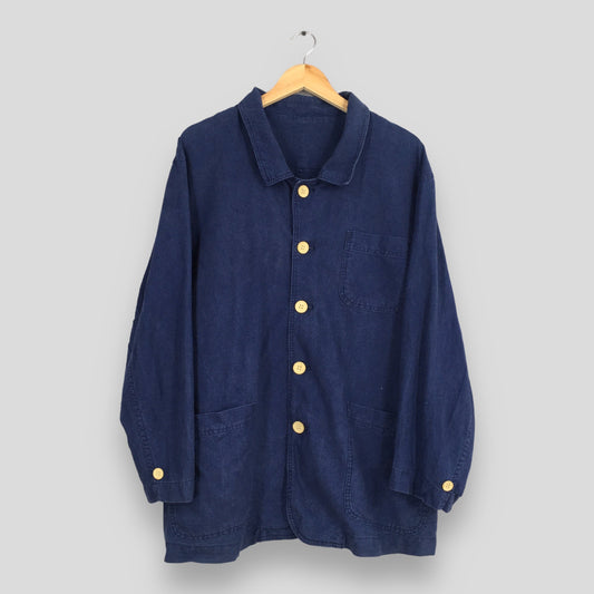 Denim Indigo Blue Worker Linen Jacket Large