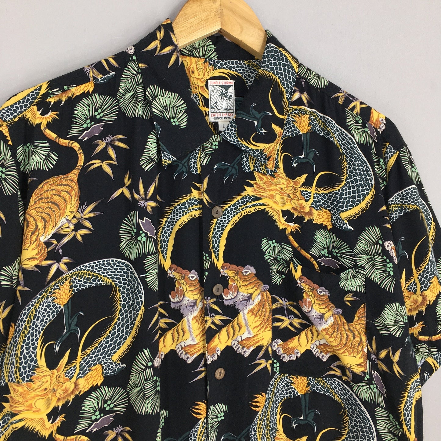 Hawaiian Japanese Jungle Storm Dragon Rayon Shirt Large