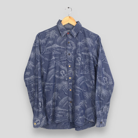 Takeo Kikuchi Japan Palm Tree Tropical Blue Shirt Small