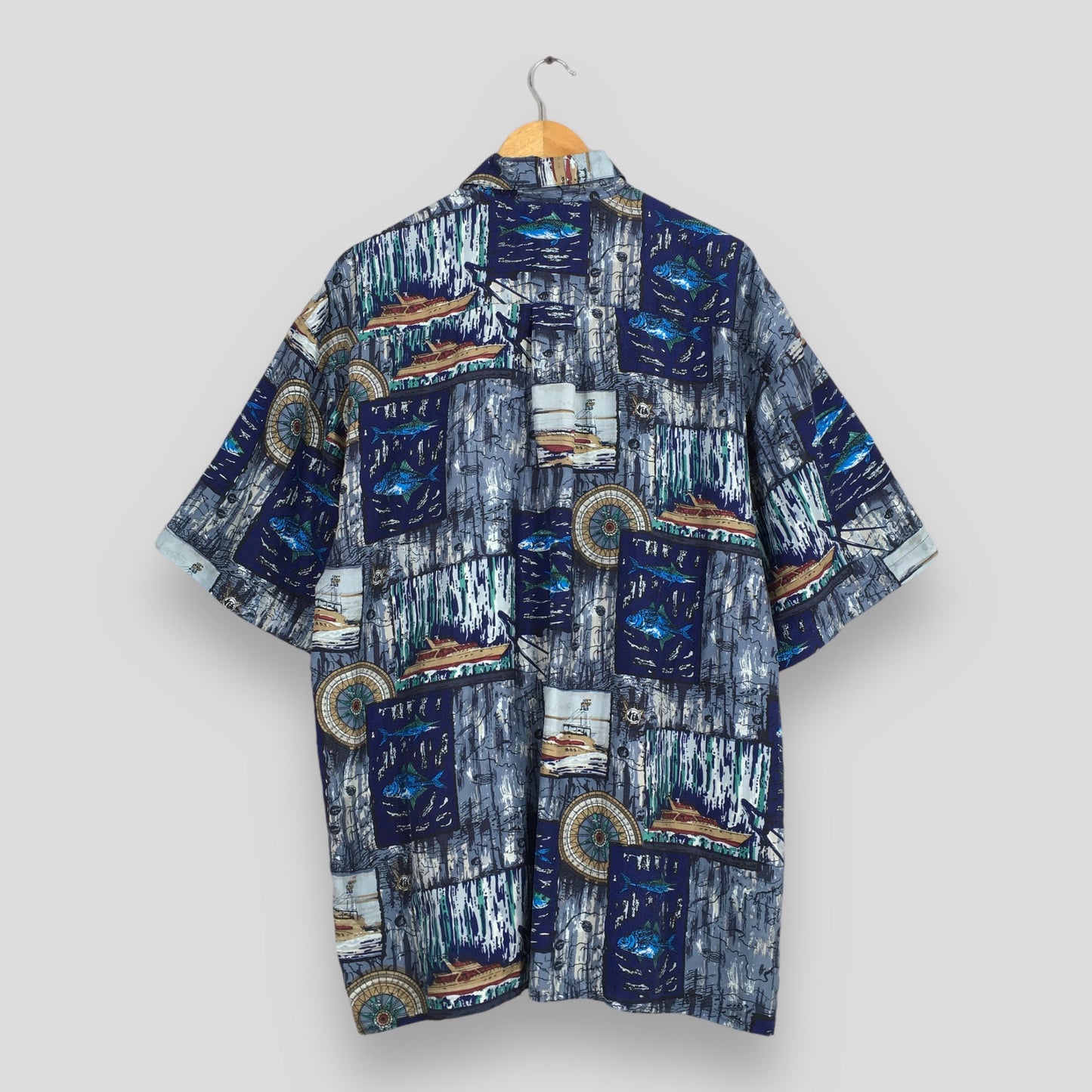 Vintage Fish Sailing Hawaiian Silk Shirt XLarge