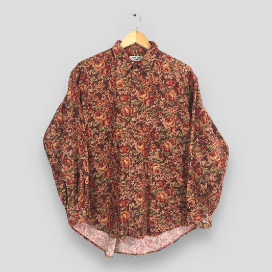 Abstract Red Floral Casual Flannel Pleated Shirt Medium