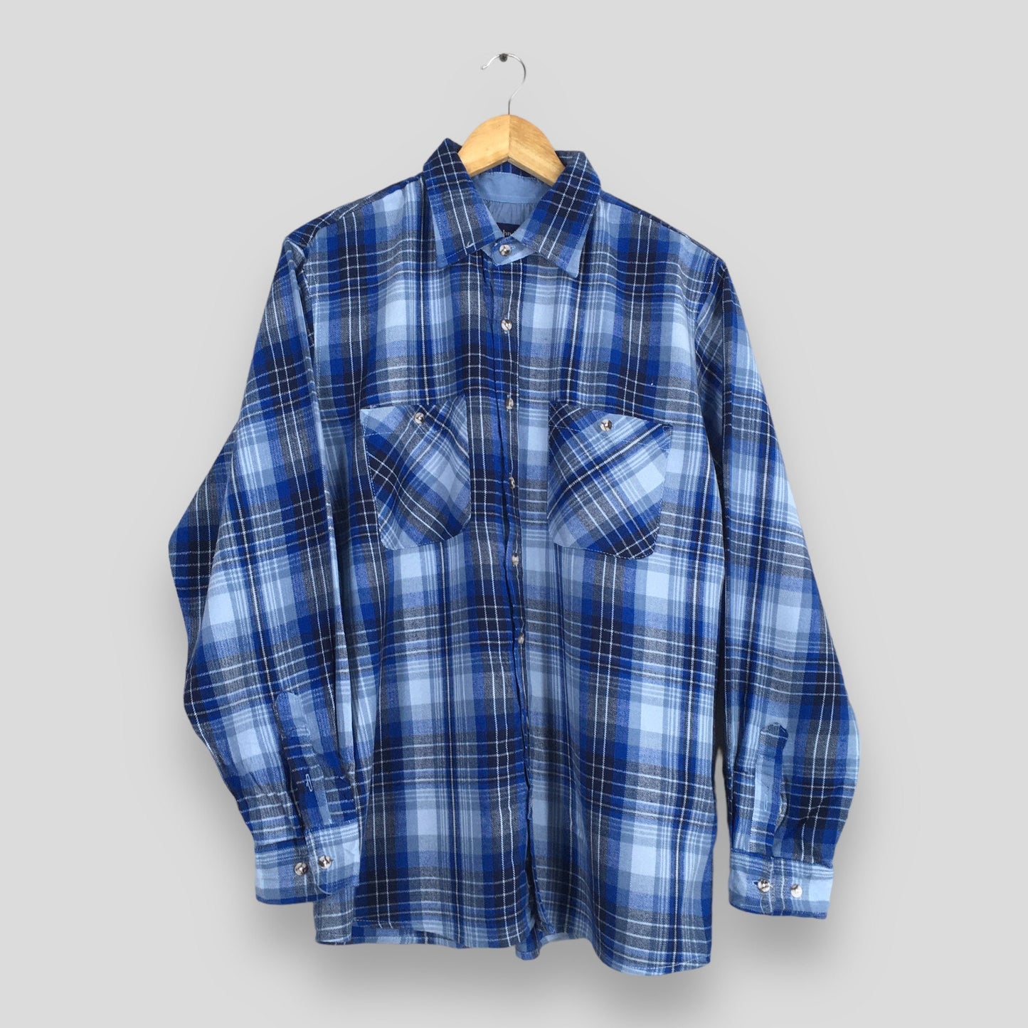 Plaid Shadow Checked Blue Flannel Shirt Large