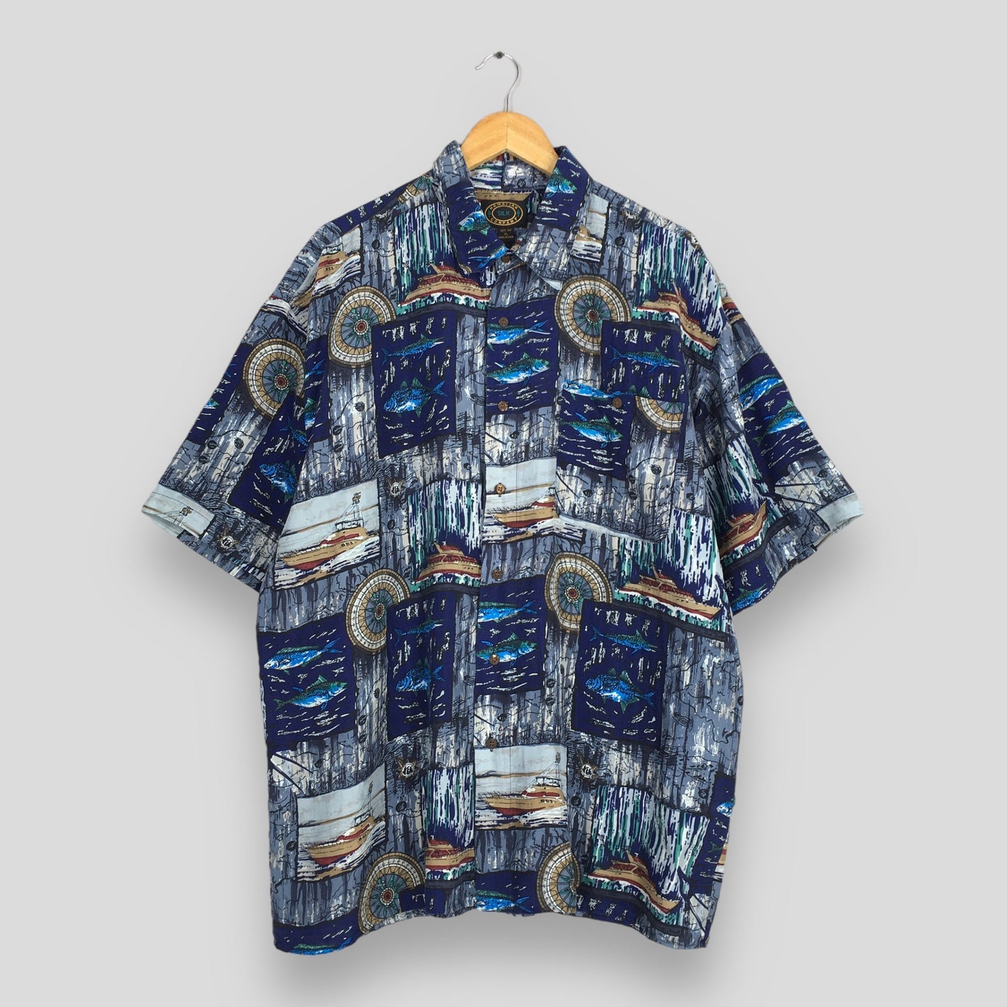 Vintage Fish Sailing Hawaiian Silk Shirt XLarge