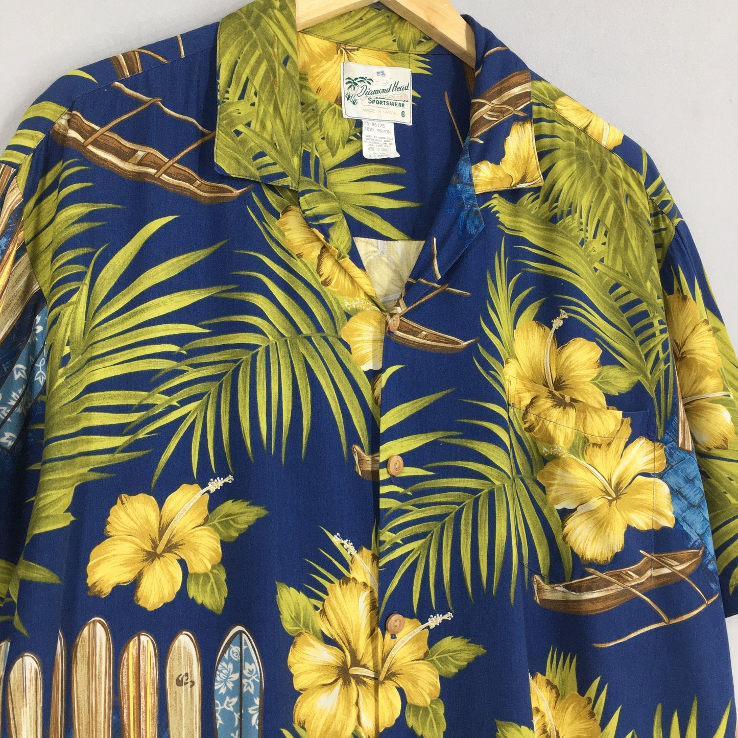 Vintage Diamond Head Floral Leaves Hawaii Aloha Rayon Shirt XLarge