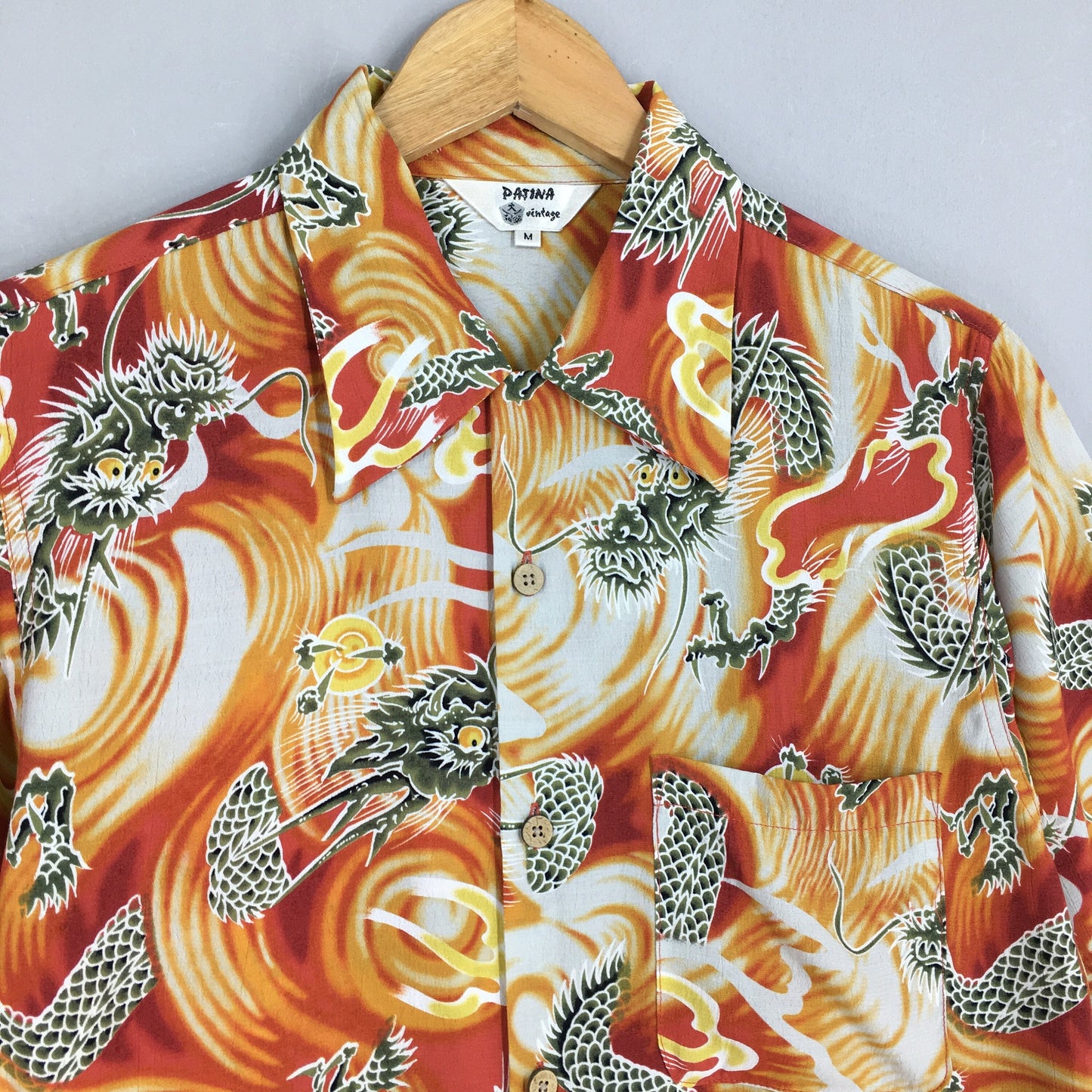 Hawaiian Japanese Dragon Orange Rayon Shirt Medium