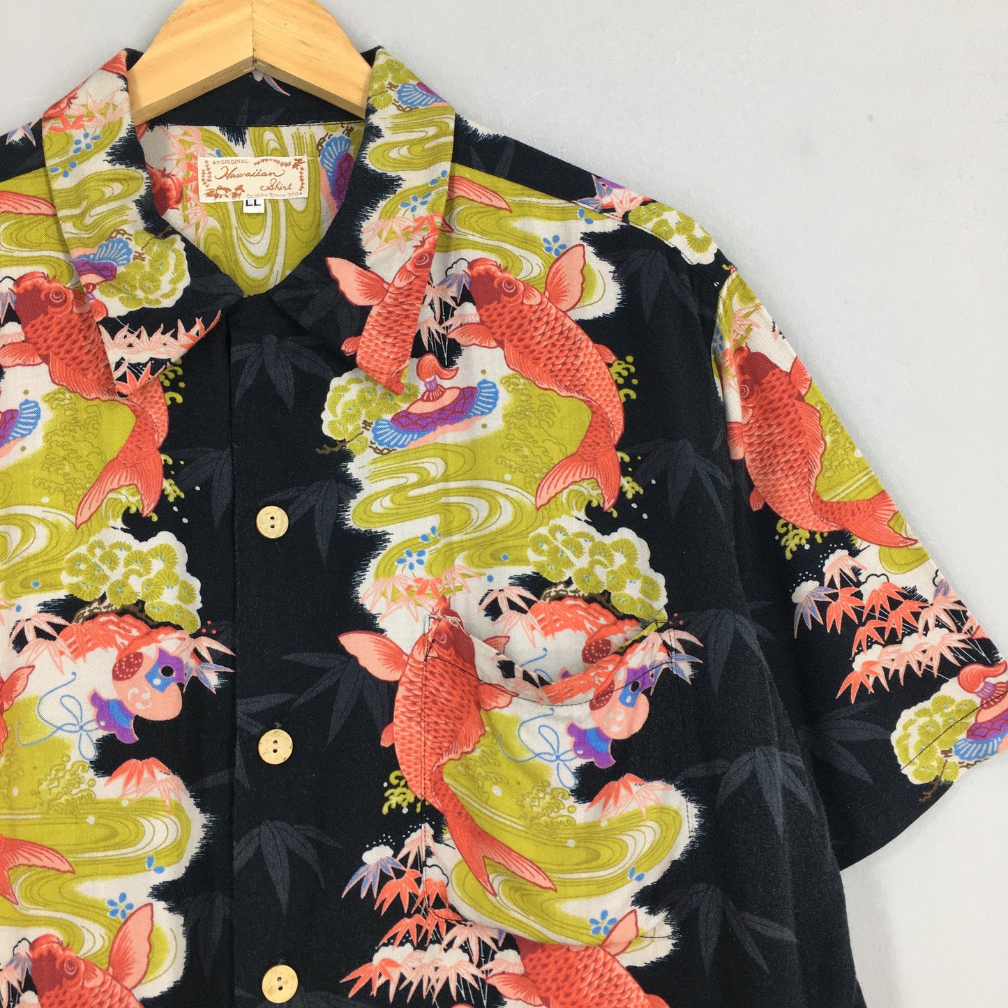 Vintage Aloha Patina Japanese Koi Fish Rayon Shirt Large