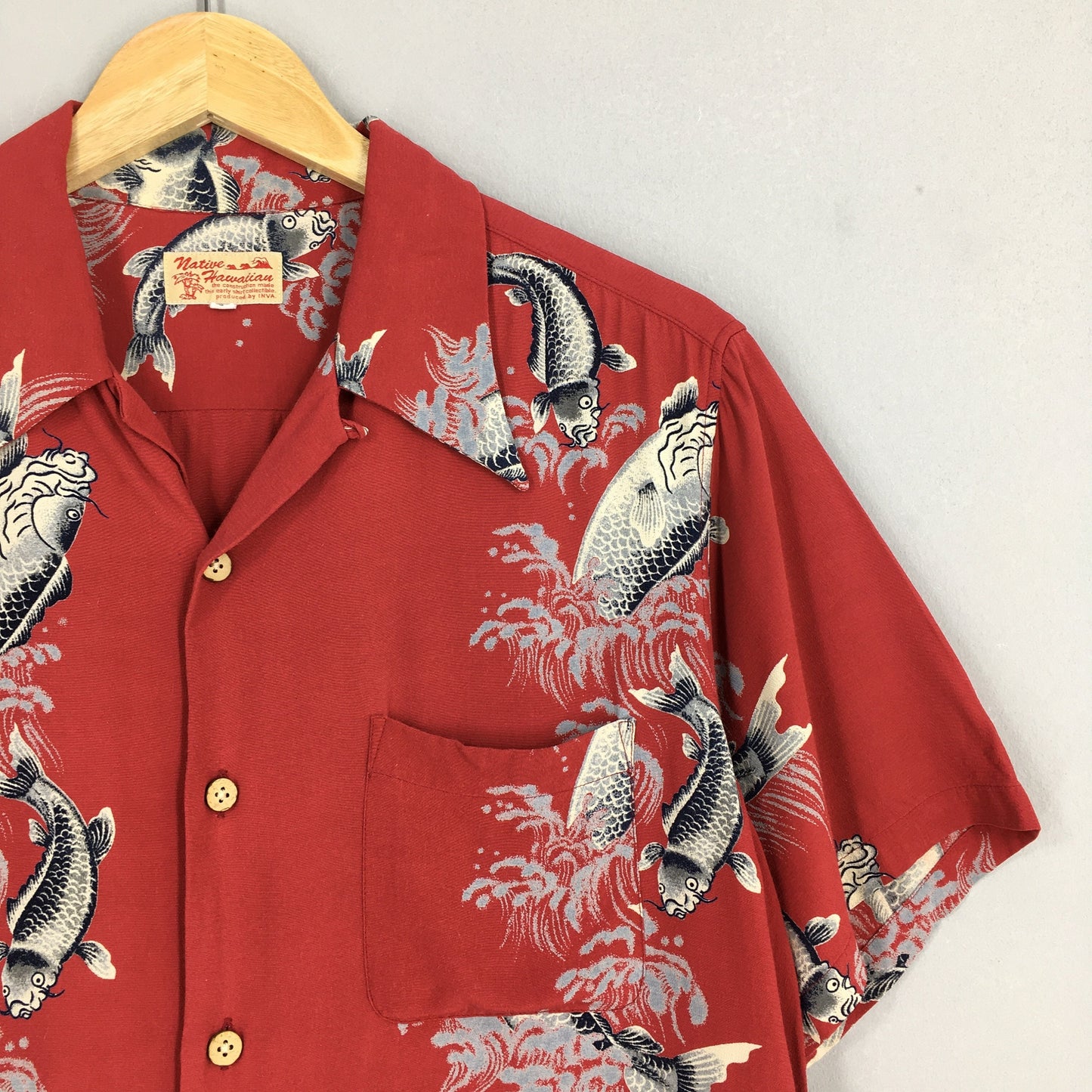 Hawaiian Patina Japanese Koi Fish Rayon Shirt Large