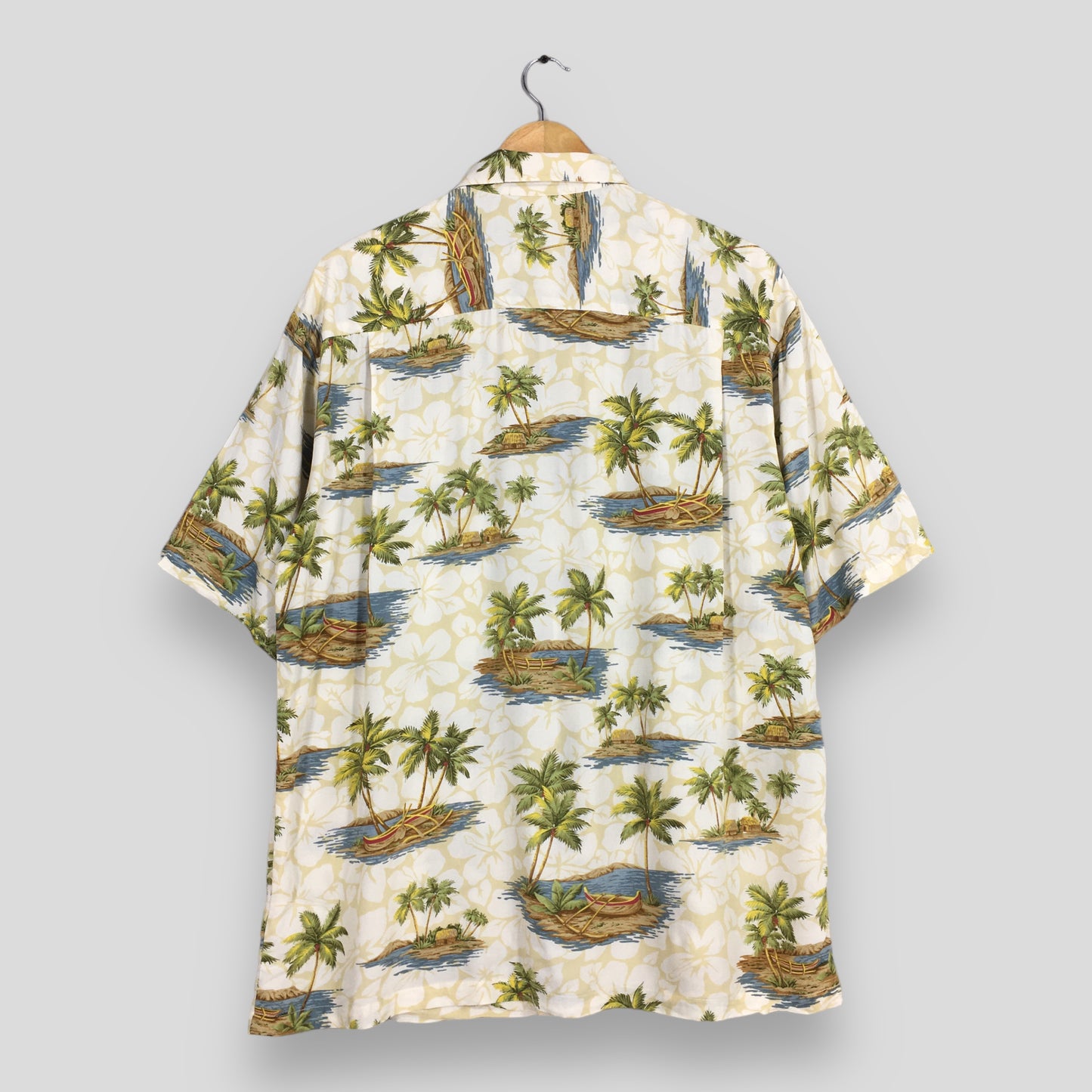 Vintage Iolani Palm Tree Beach View Aloha Rayon Shirt Medium