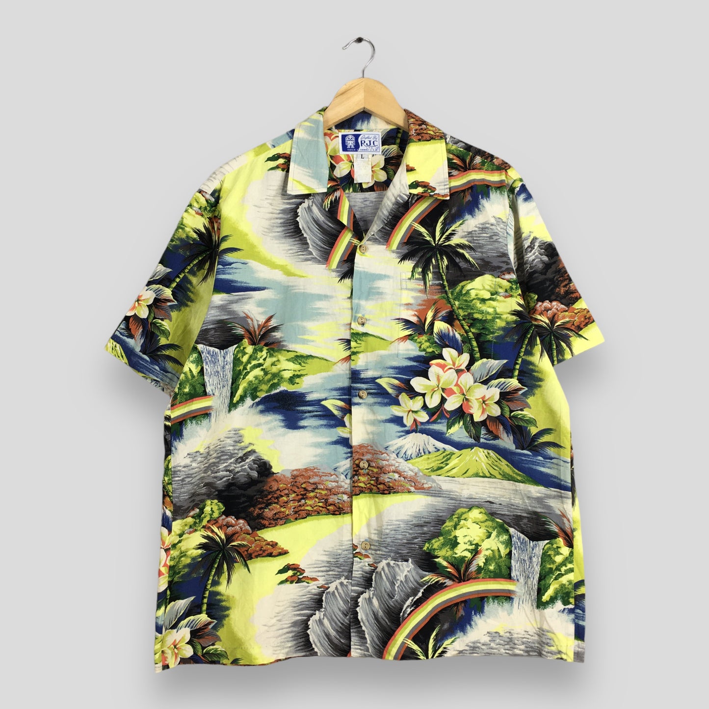 Vintage RJC Hawaiian Waterfall Graphic View Overprint Cotton Shirt Large