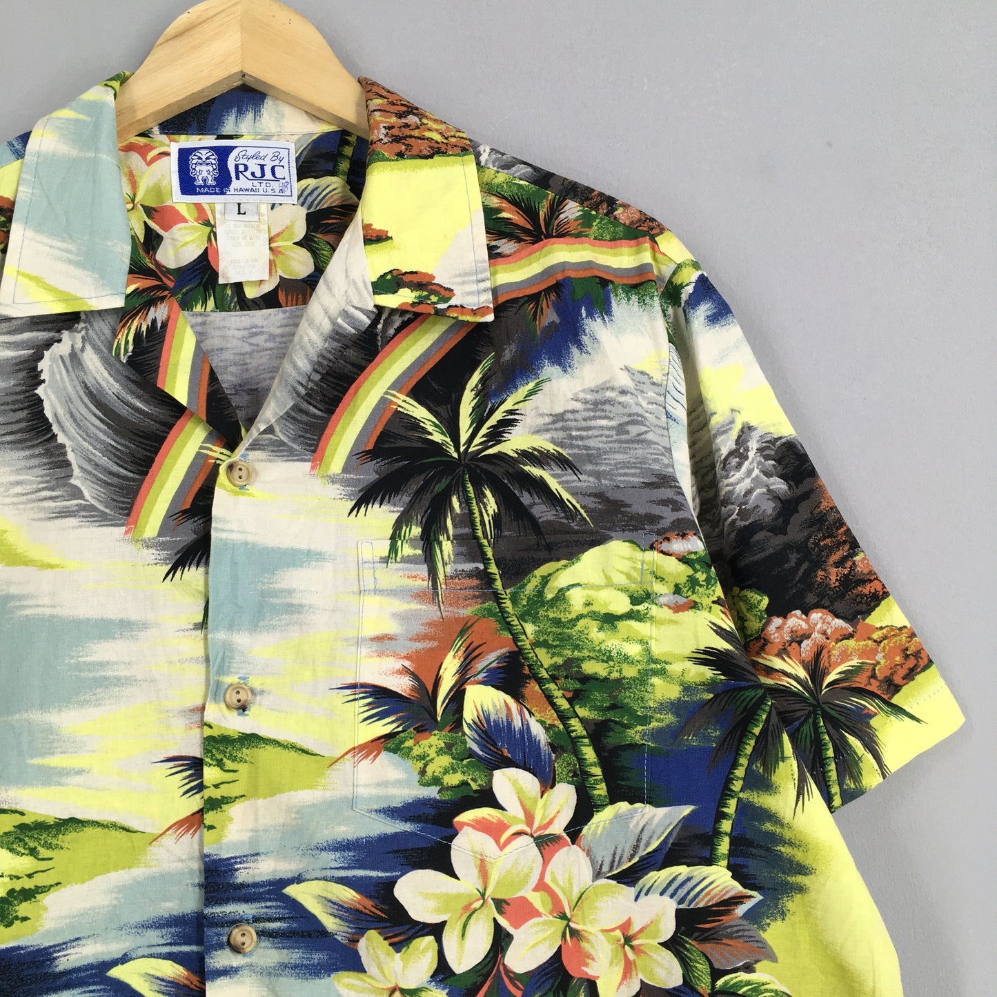 Vintage RJC Hawaiian Waterfall Graphic View Overprint Cotton Shirt Large