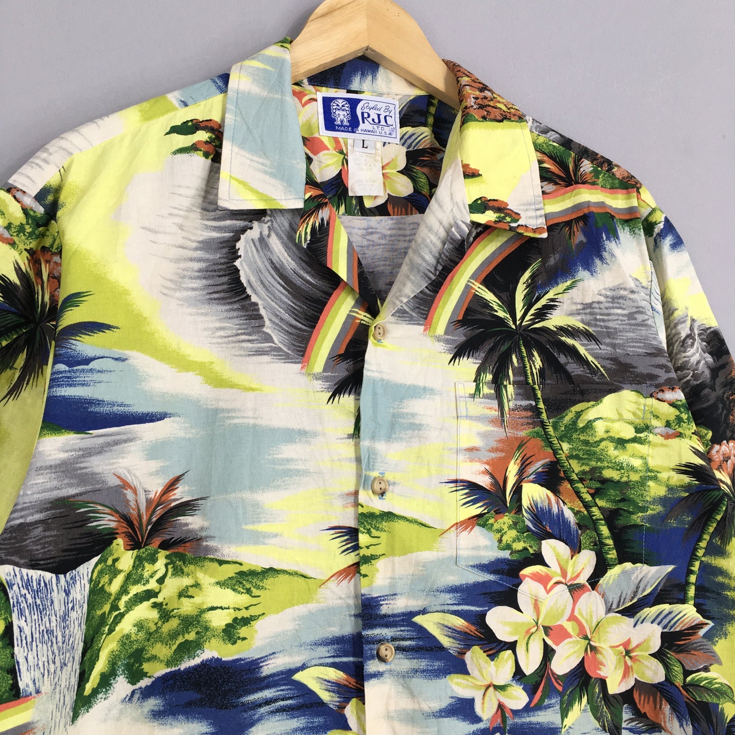 Vintage RJC Hawaiian Waterfall Graphic View Overprint Cotton Shirt Large