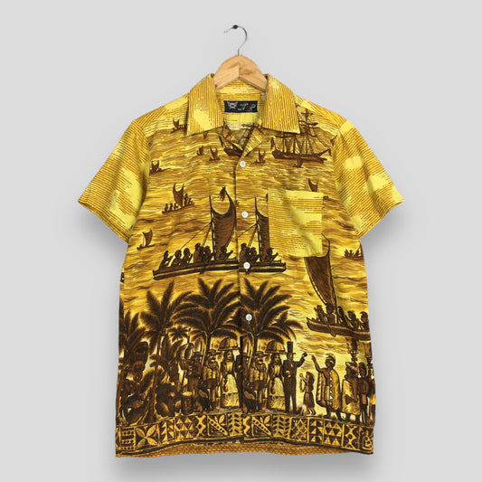 Vintage 90s Hawaiian Coconut Tree Ocean View Yellow Button Up Medium