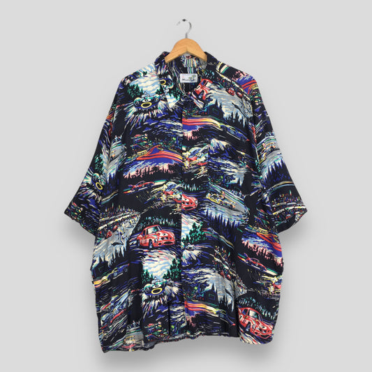 Hawaiian Pop Art Racing Car Printed Rayon Multicolor Shirt 3XLarge