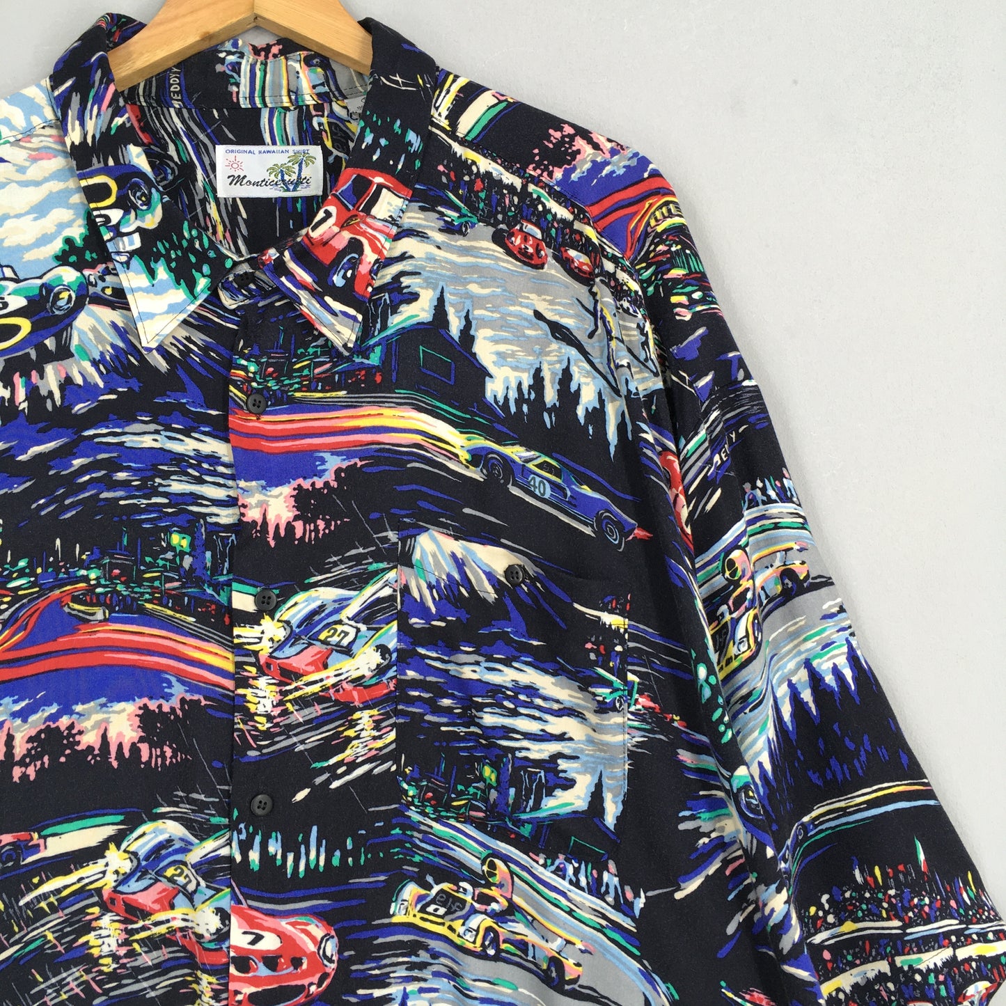 Hawaiian Pop Art Racing Car Printed Rayon Multicolor Shirt 3XLarge