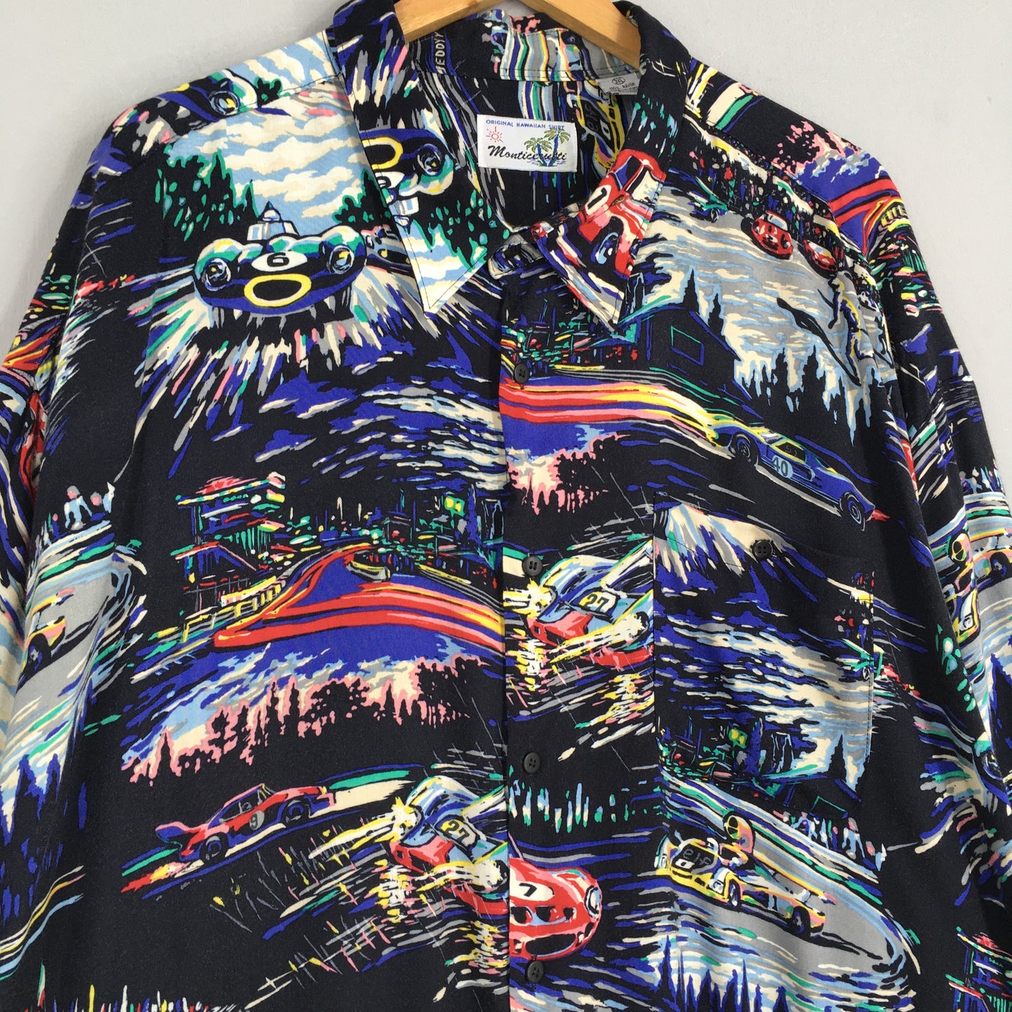 Hawaiian Pop Art Racing Car Printed Rayon Multicolor Shirt 3XLarge