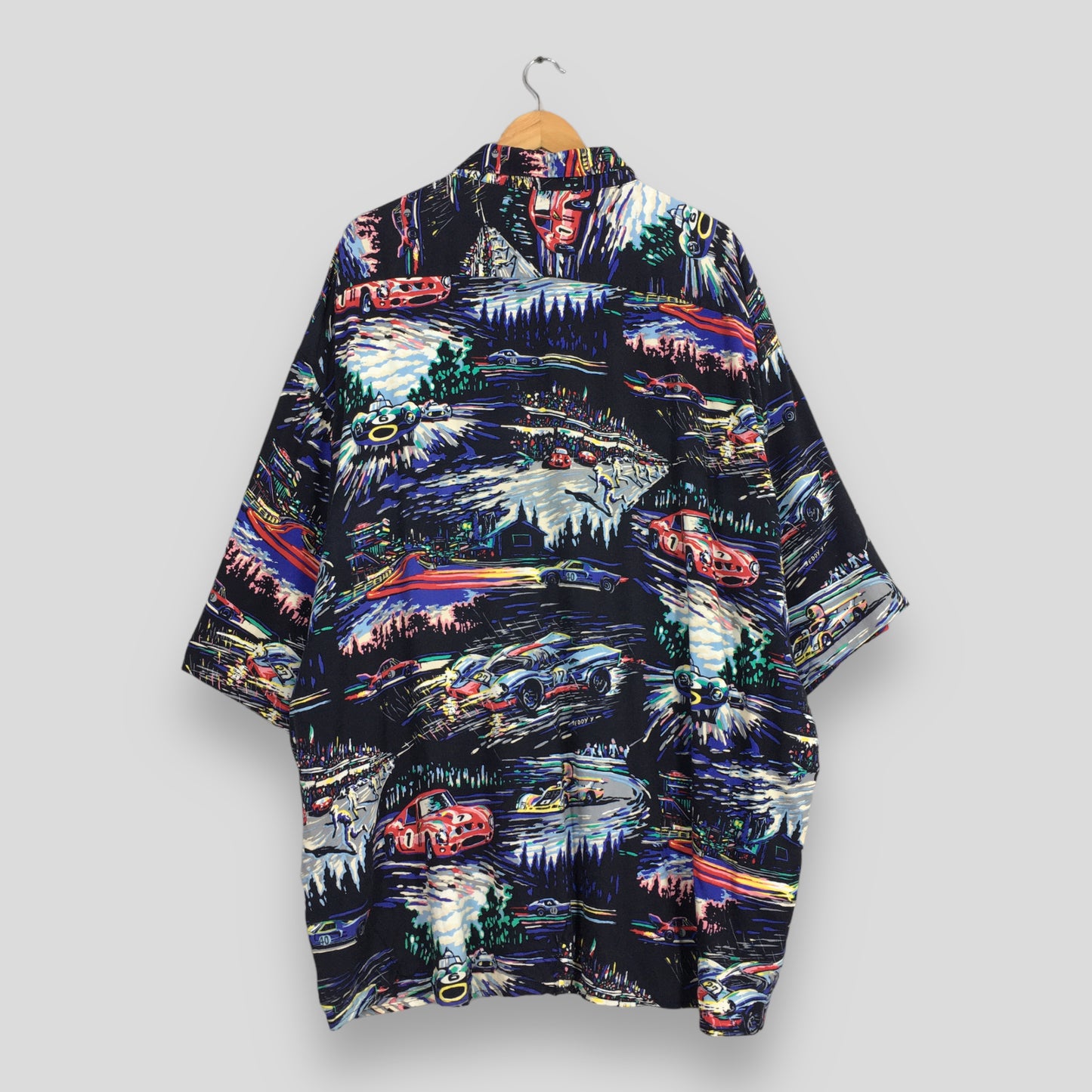 Hawaiian Pop Art Racing Car Printed Rayon Multicolor Shirt 3XLarge