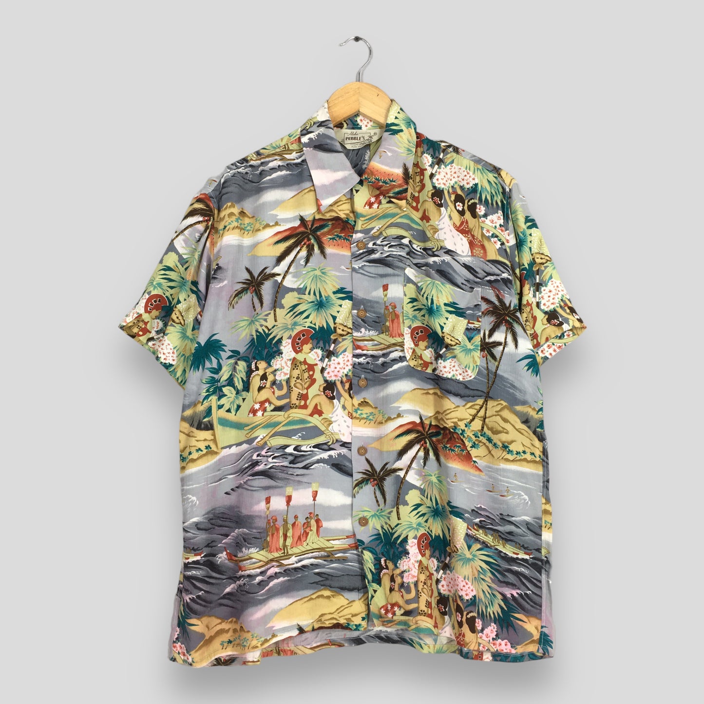 Aloha Pebble's Hawaiian Coconut Tree Beach View Rayon Shirt Medium