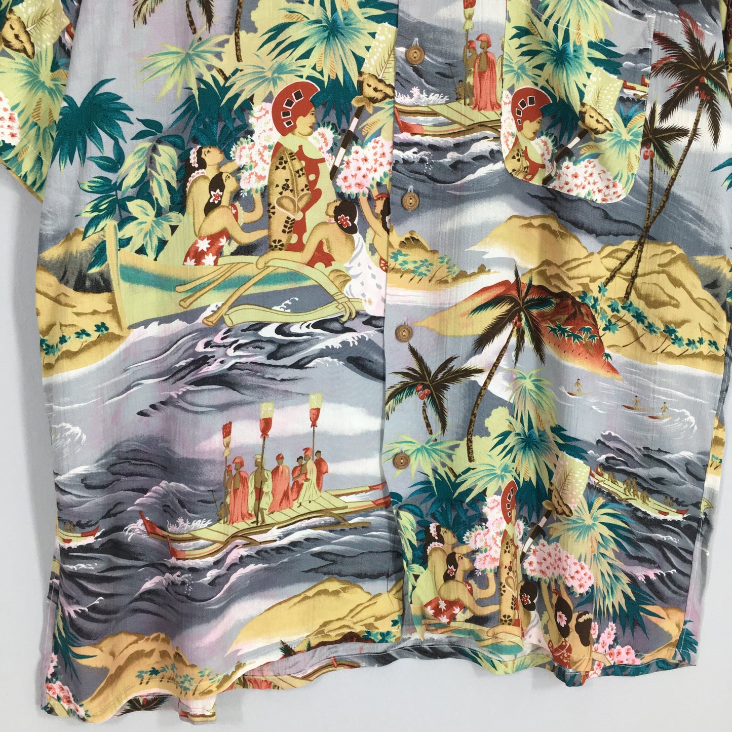 Aloha Pebble's Hawaiian Coconut Tree Beach View Rayon Shirt Medium