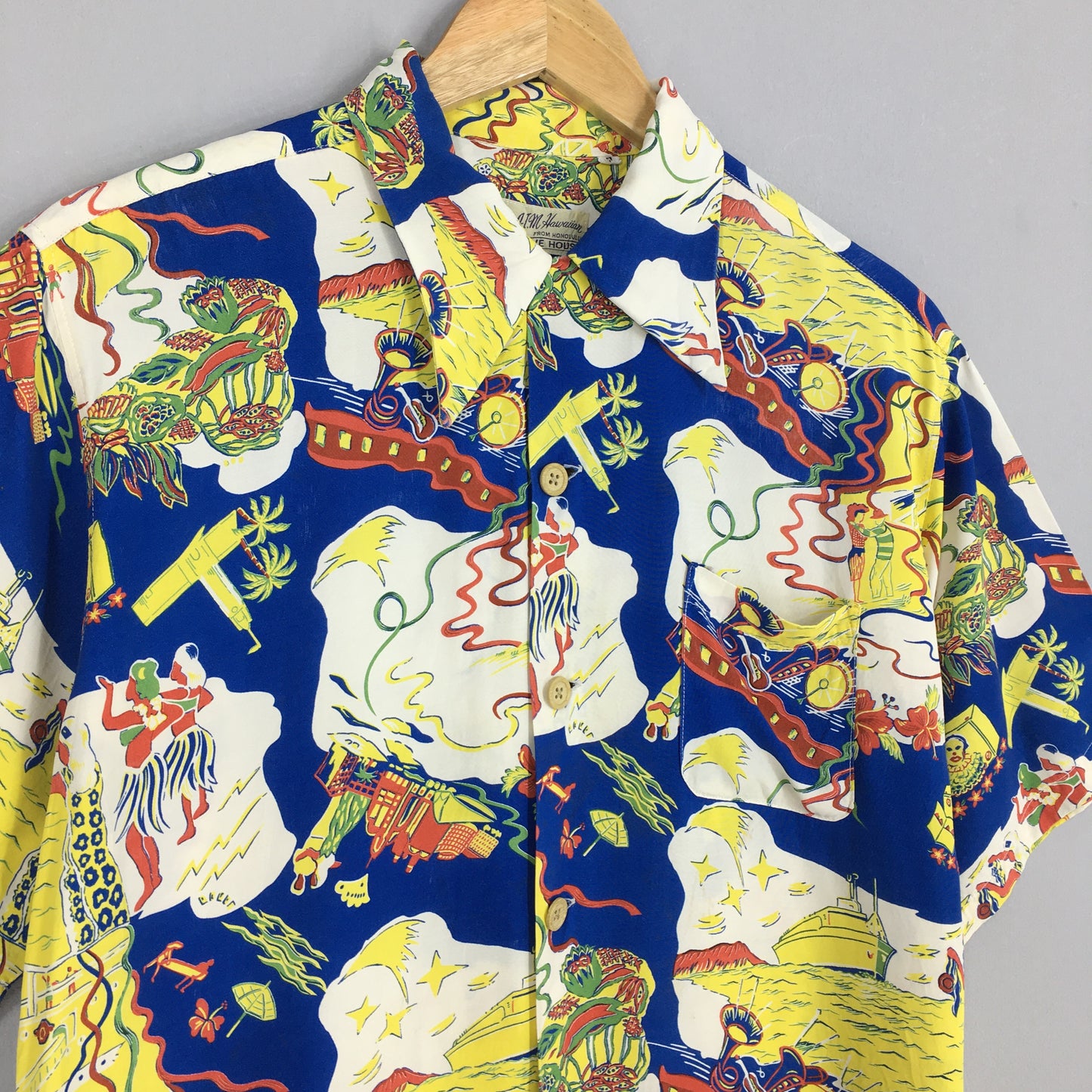 Aloha Tropical Hula Girl Ukulele Rayon Shirt Small