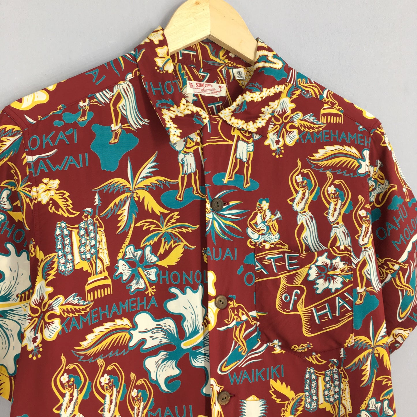 Sun Surf Hula Girl Ukulele Hawaii Rayon Shirt Small