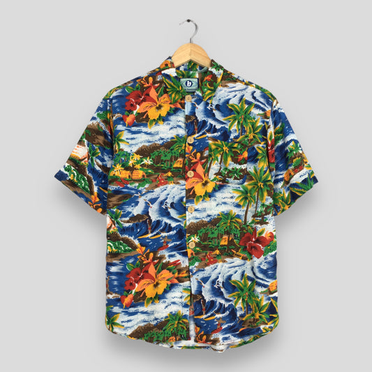 Hawaiian Coconut Tree Beach View Button Up Shirt Small