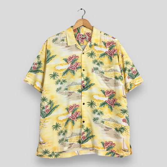 Hawaiian Lightning Bolt Aloha Coconut Tree Rayon Shirt Large