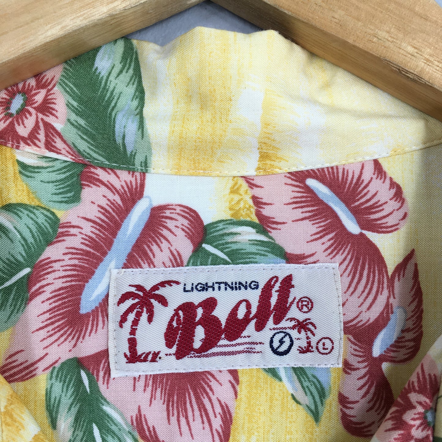 Hawaiian Lightning Bolt Aloha Coconut Tree Rayon Shirt Large