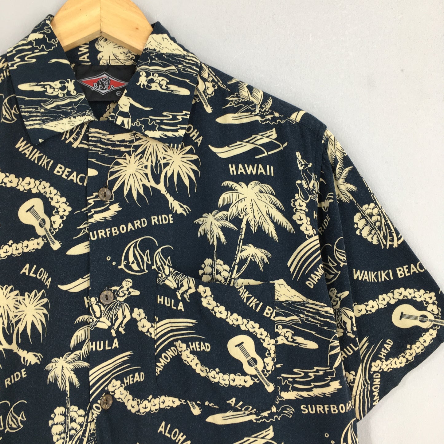 Bear Waikiki Beach Surfing Ukulele Beach Rayon Shirt