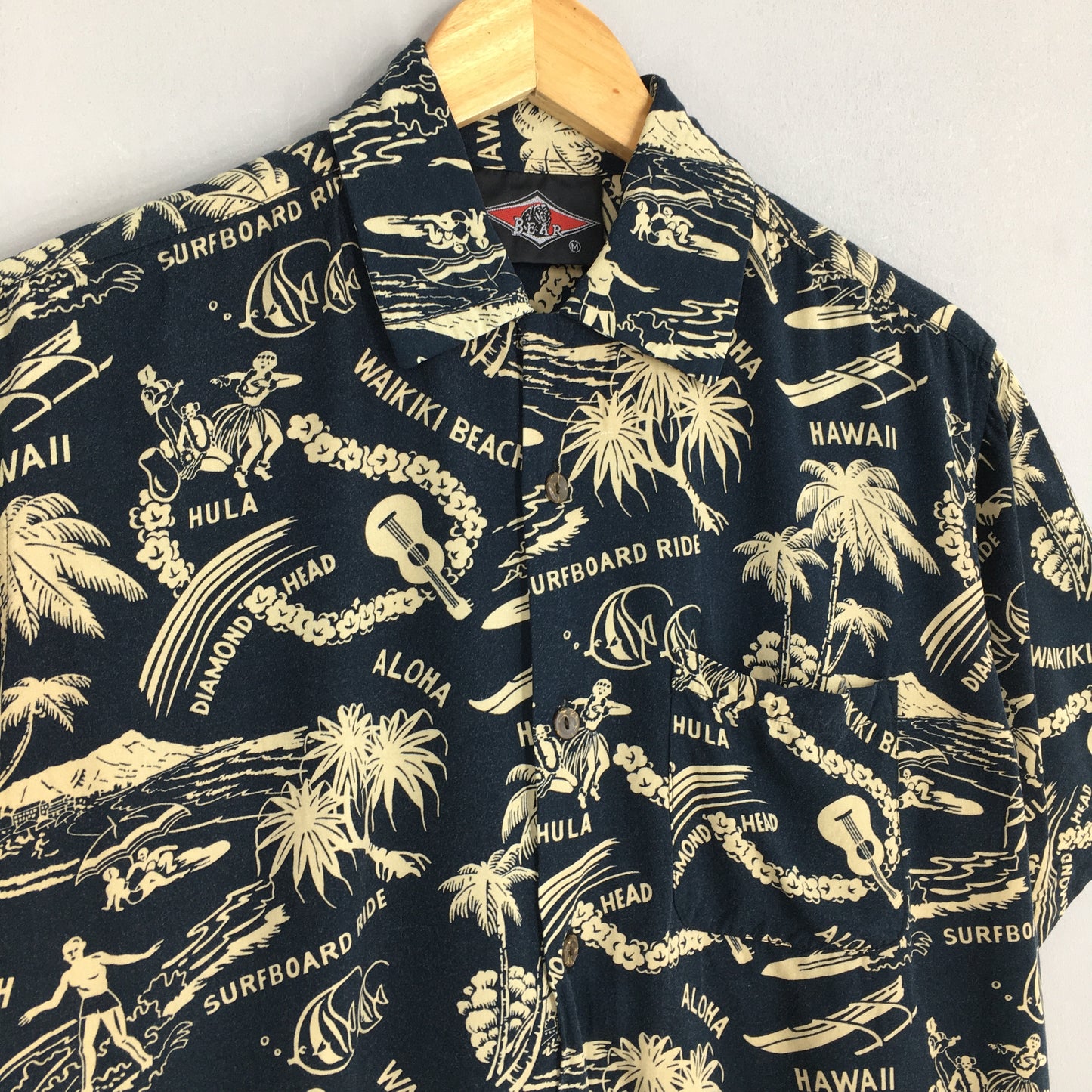 Bear Waikiki Beach Surfing Ukulele Beach Rayon Shirt