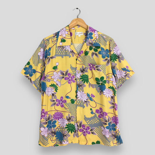 Patina Surf Floral Yellow Rayon Shirt Large