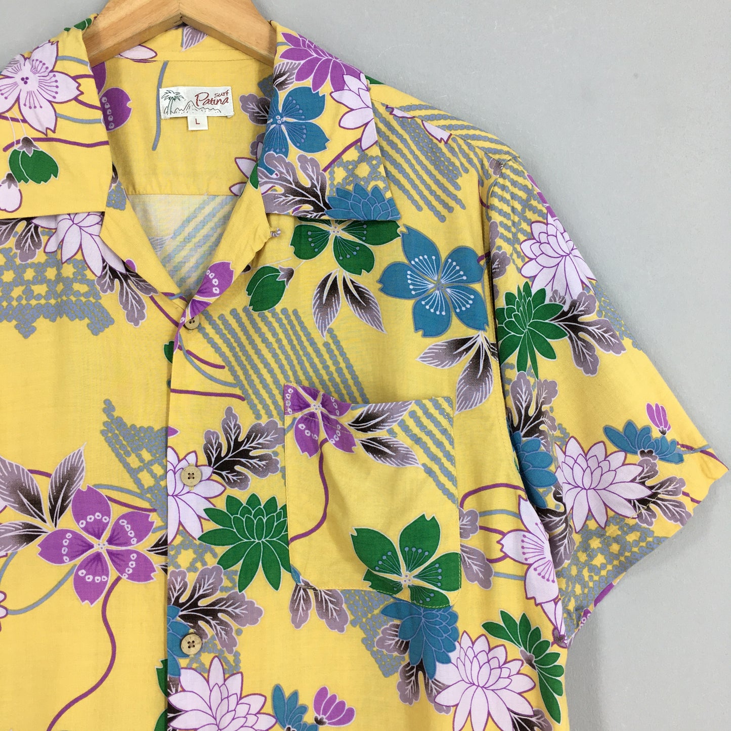 Patina Surf Floral Yellow Rayon Shirt Large