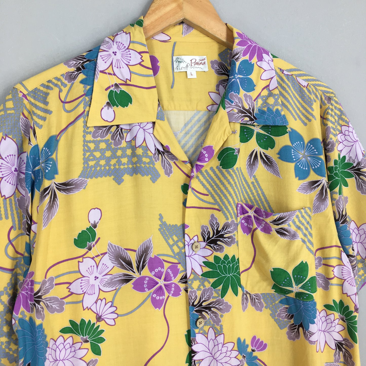 Patina Surf Floral Yellow Rayon Shirt Large