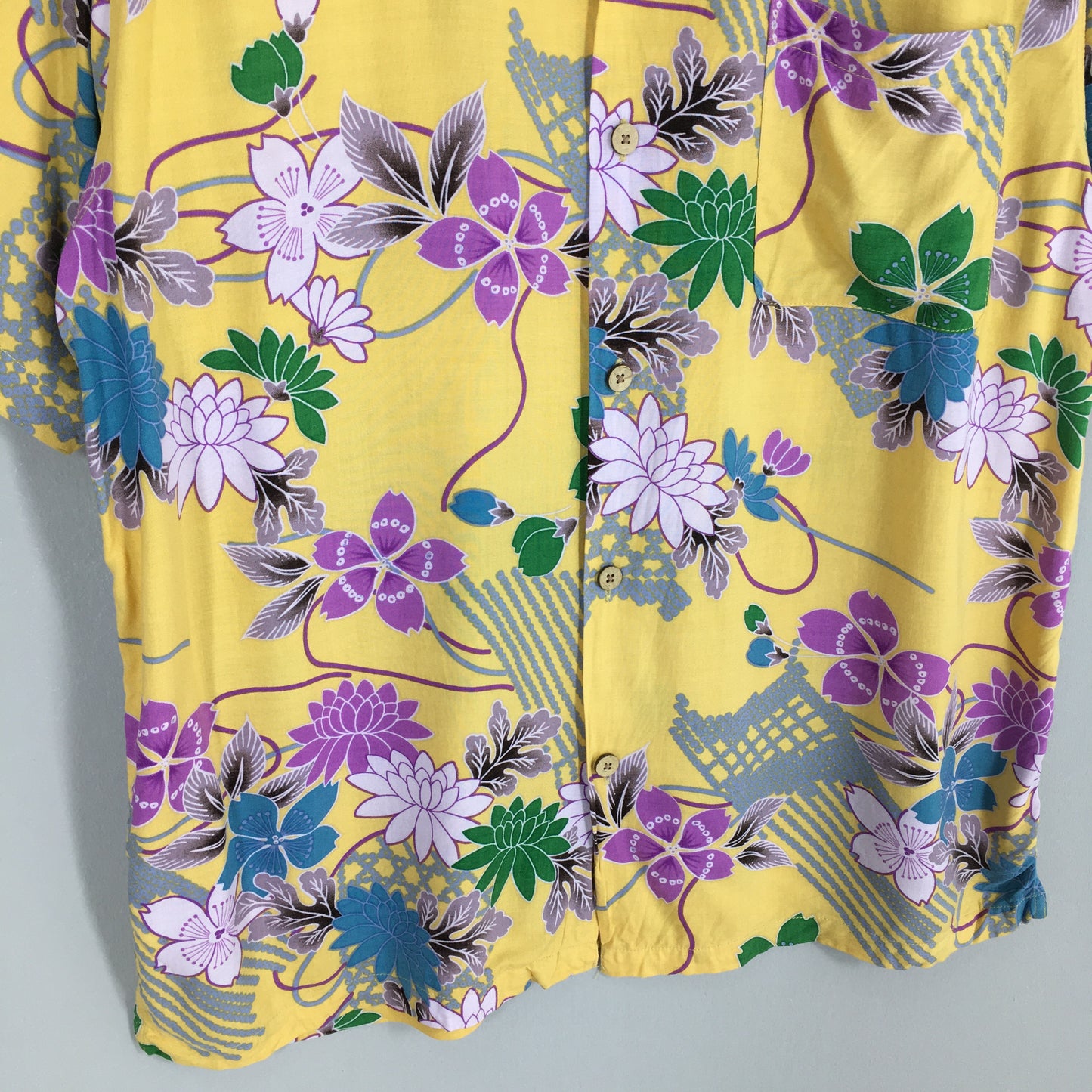 Patina Surf Floral Yellow Rayon Shirt Large