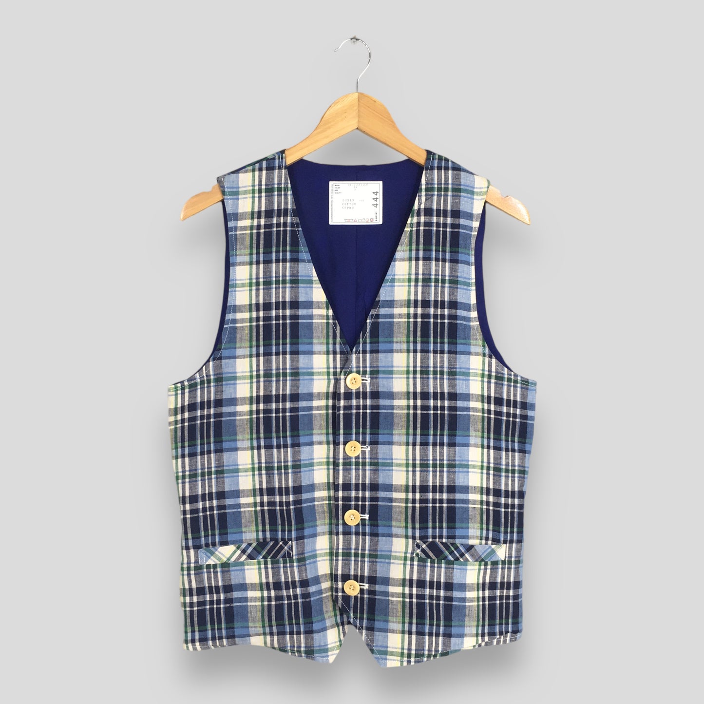 Sacai Japan Tartan Plaid Blue Linen Vest Jacket Size 2