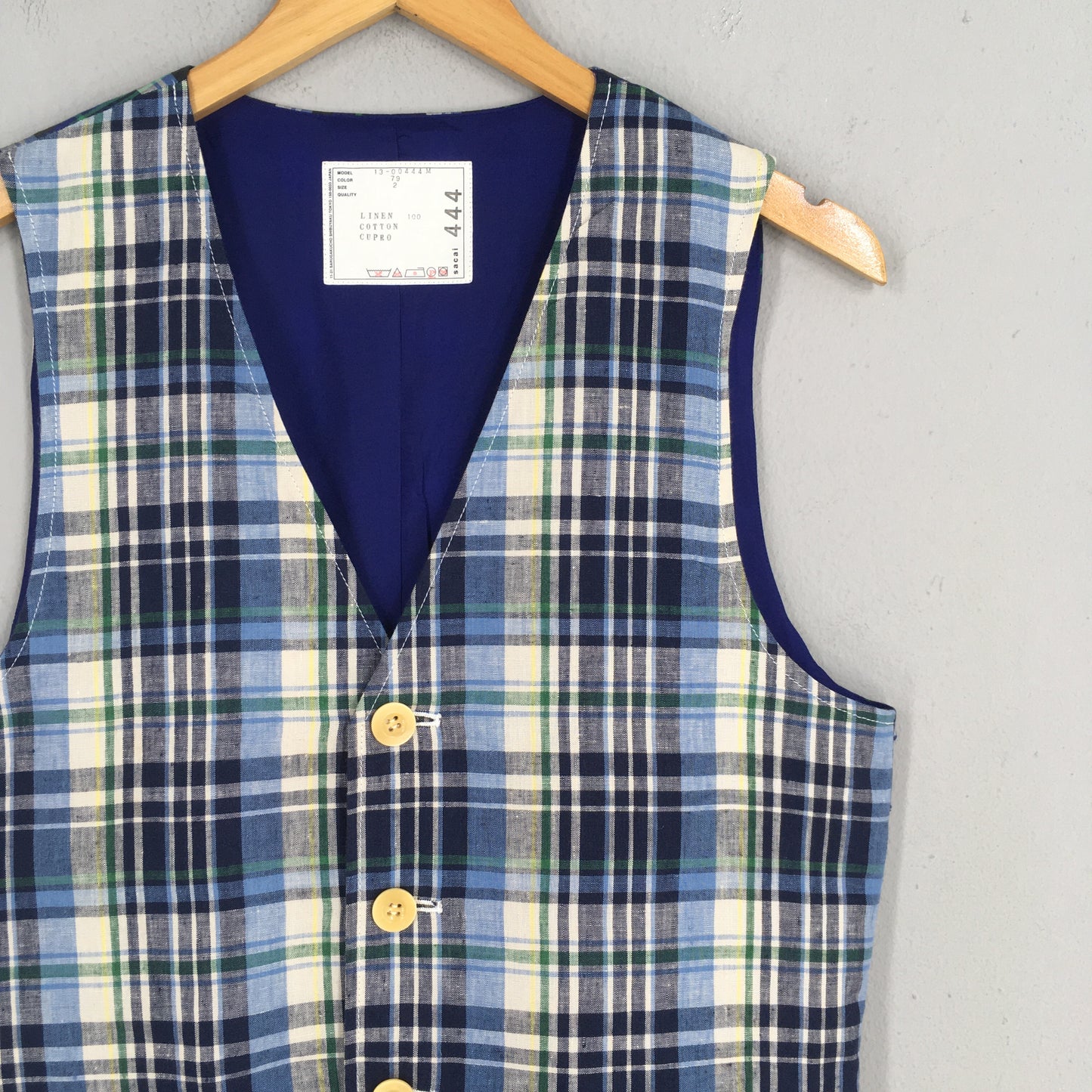 Sacai Japan Tartan Plaid Blue Linen Vest Jacket Size 2