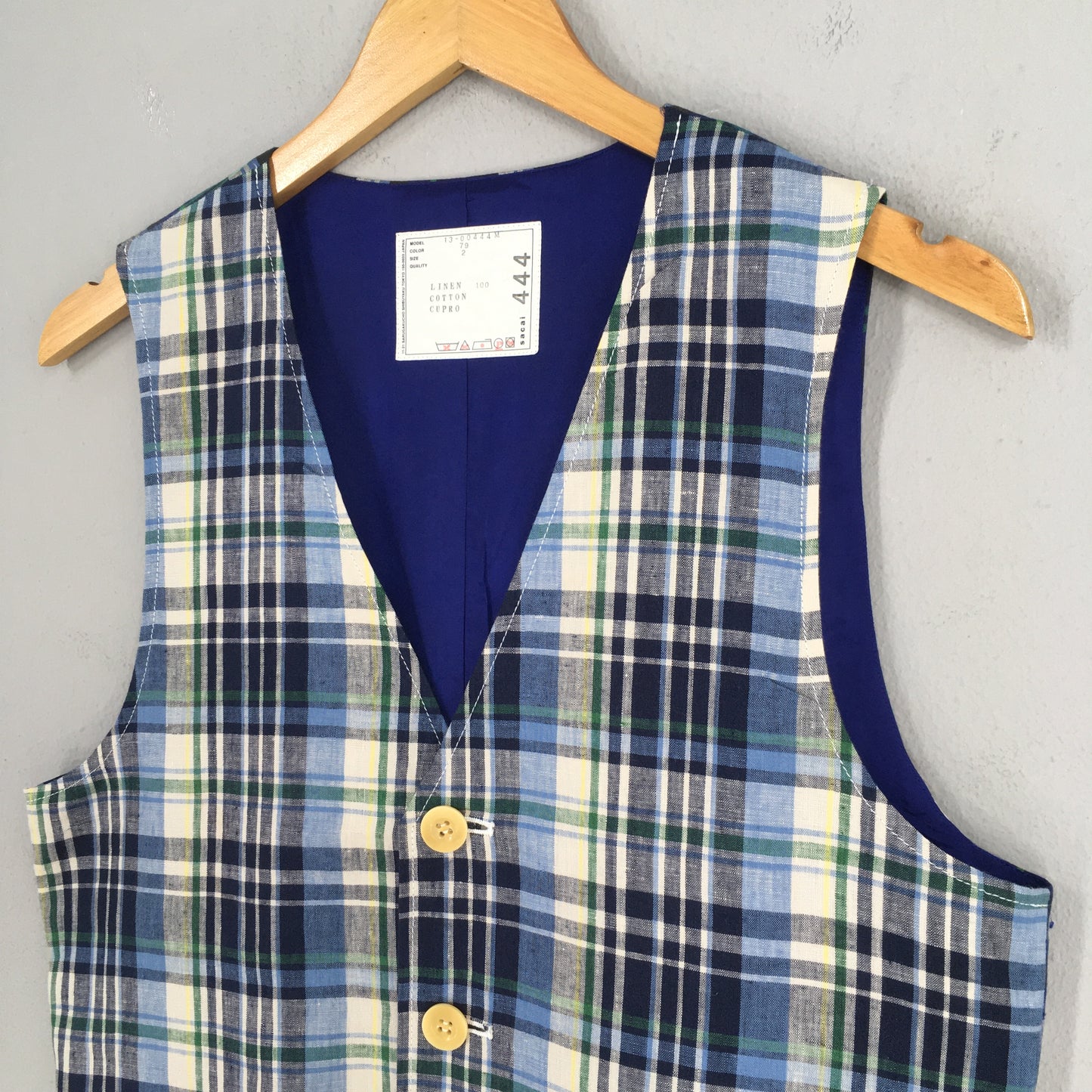 Sacai Japan Tartan Plaid Blue Linen Vest Jacket Size 2