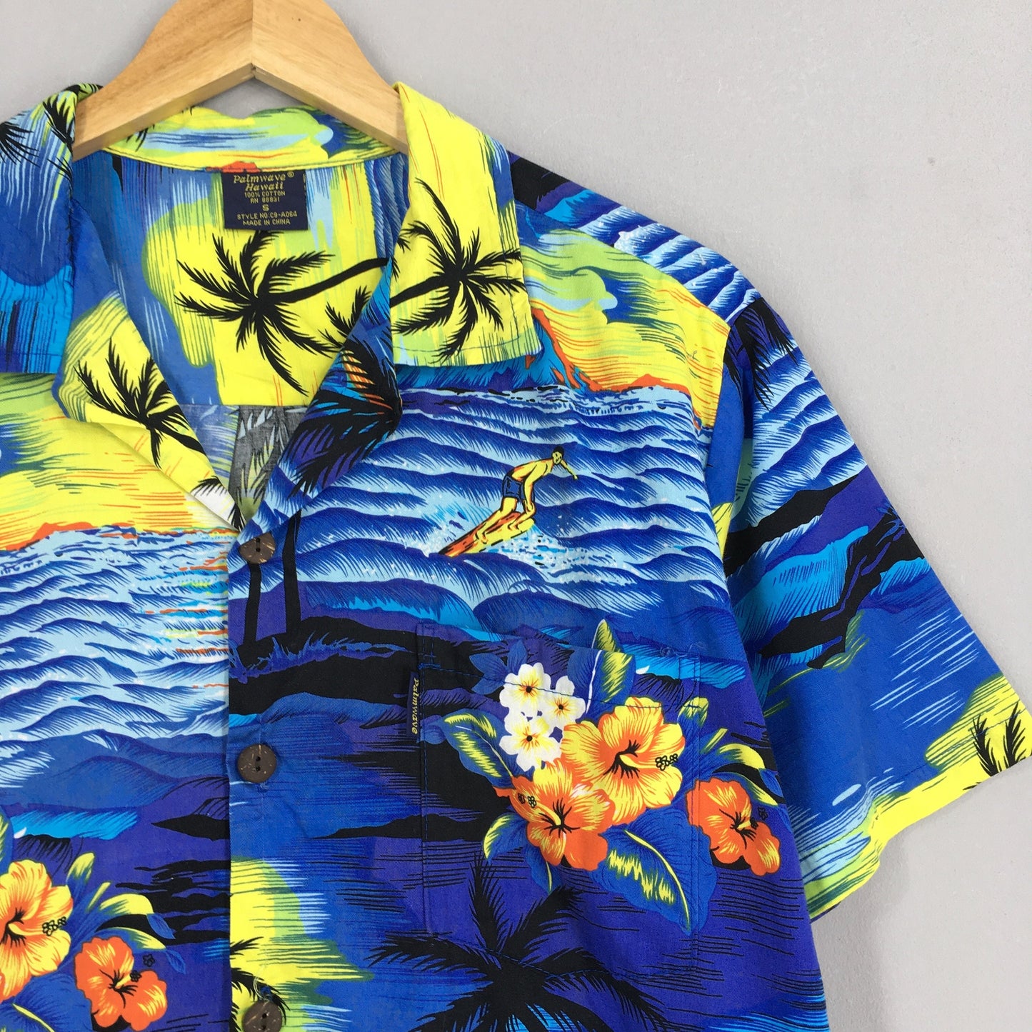 Hawaiian Surfing Palm Tree Aloha Cotton Shirt Small