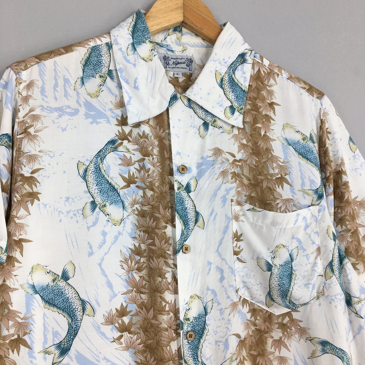 Hawaiian Nepuca Japanese Koi Fish Rayon Shirt Large