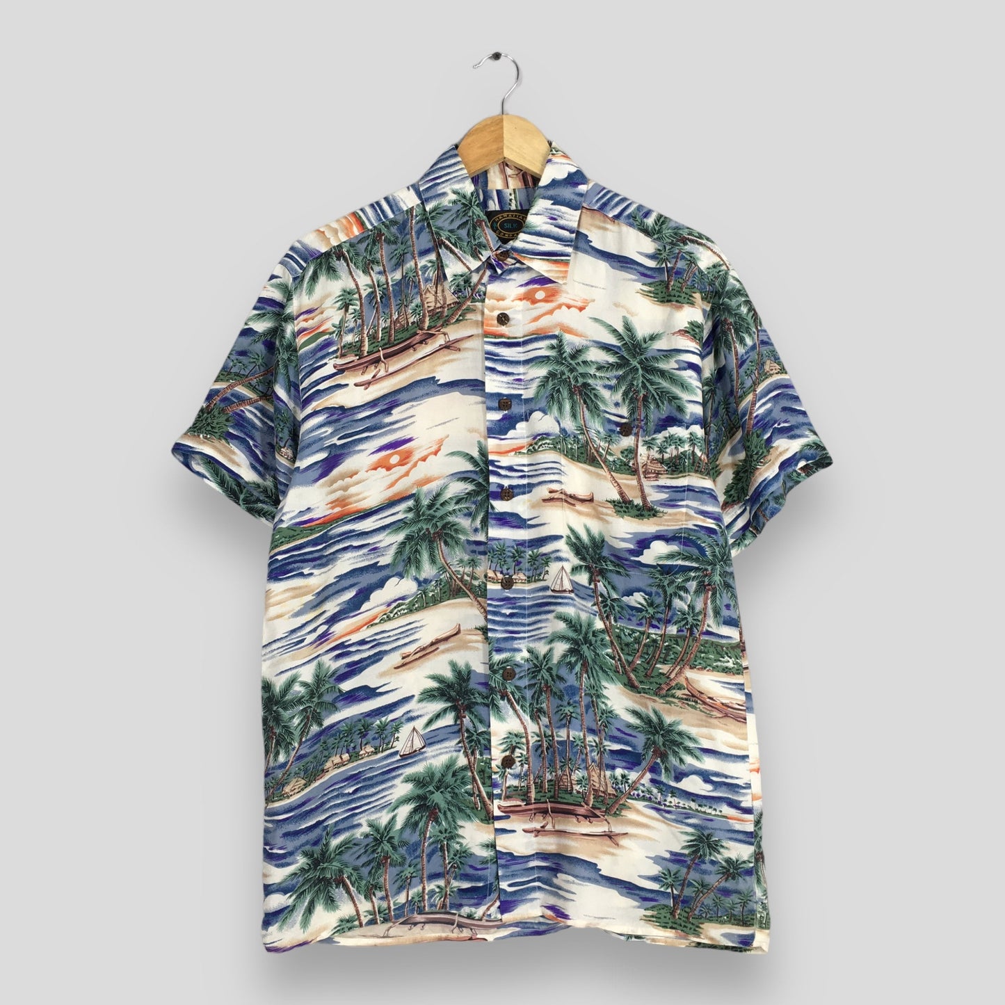 Hawaiian Beach View Aloha Silk Shirts Small