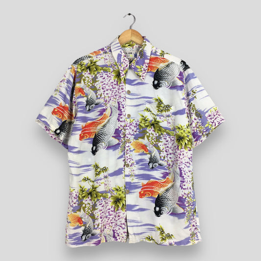 Iolani Hawaiian Patina Japanese Koi Fish Rayon Shirt Medium