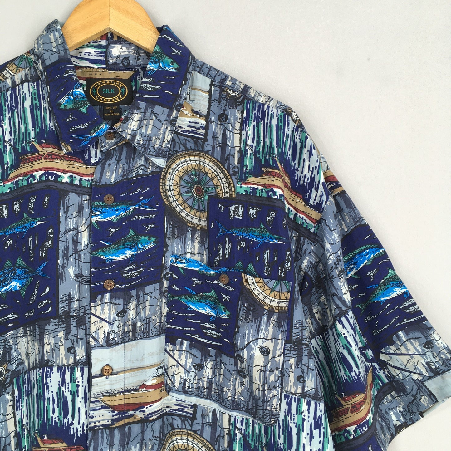 Vintage Fish Sailing Hawaiian Silk Shirt XLarge