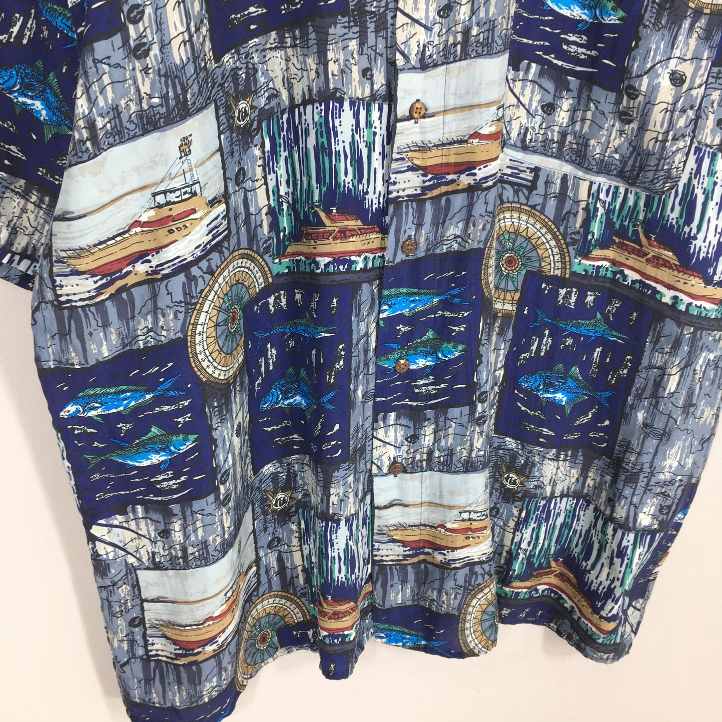 Vintage Fish Sailing Hawaiian Silk Shirt XLarge