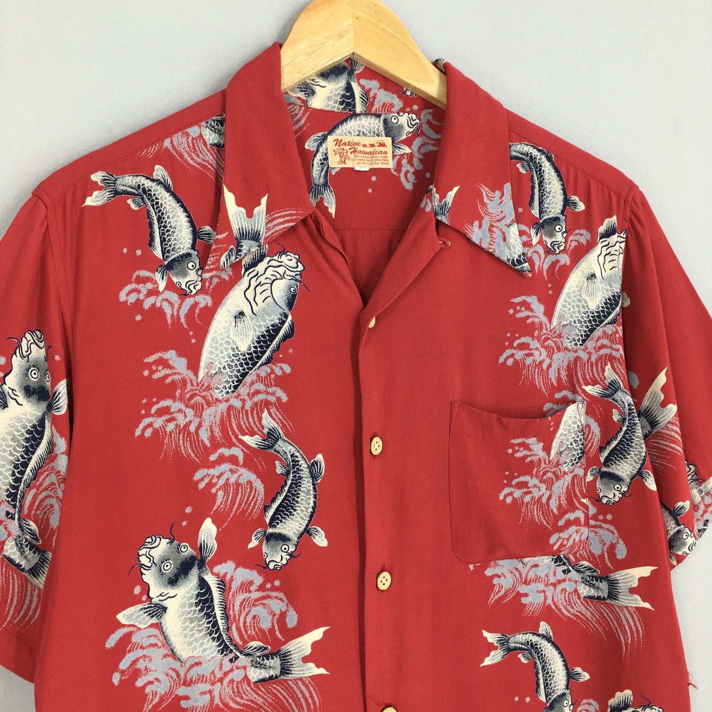 Hawaiian Patina Japanese Koi Fish Rayon Shirt Large